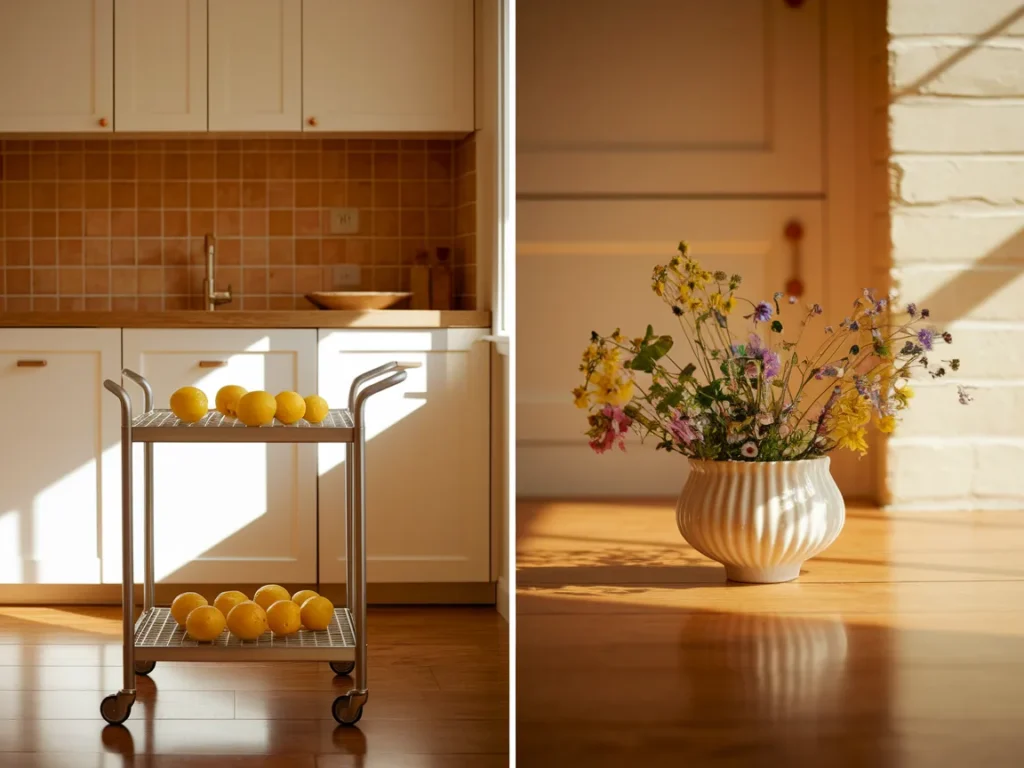 Small kitchen with compact rolling island cart