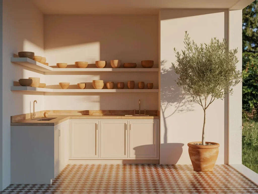 Small kitchen with open shelving
