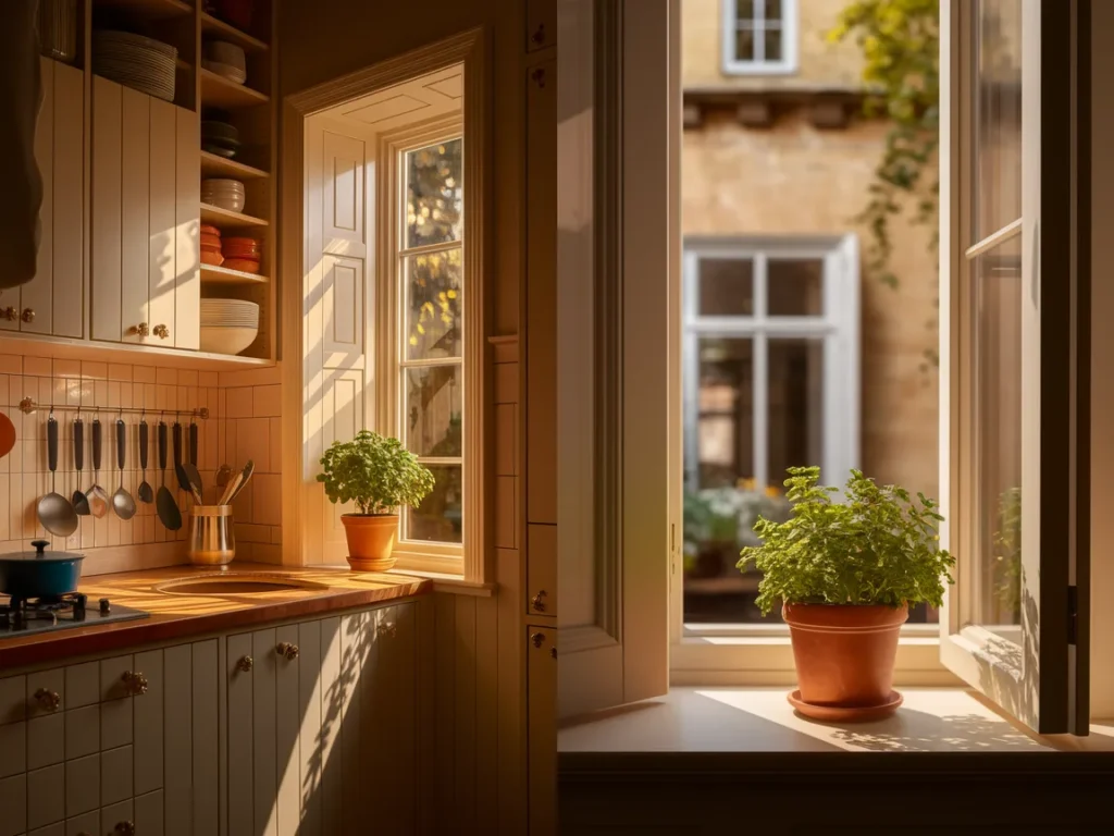 Small kitchen with vertical storage cabinets