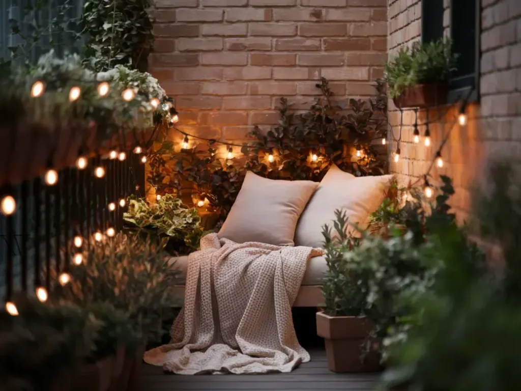 Small patio balcony with battery LED lights