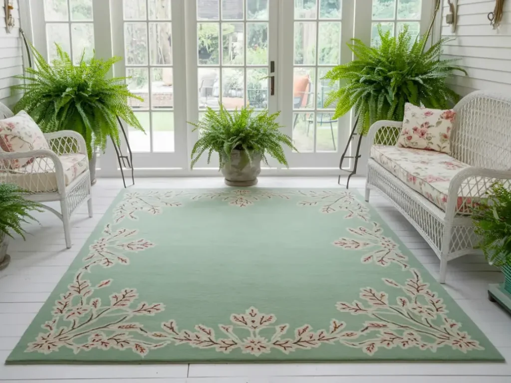 Soft sage green area rug with delicate white floral border