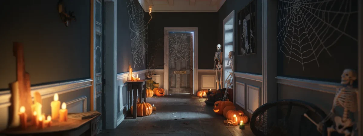 Spooky hallway interior with delicate spider web