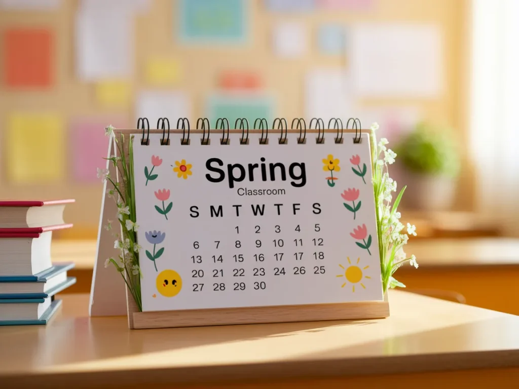 Spring classroom calendar board with pastel colors,