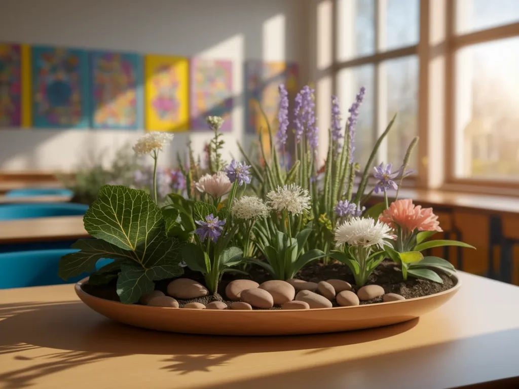 Spring classroom nature table with flowers