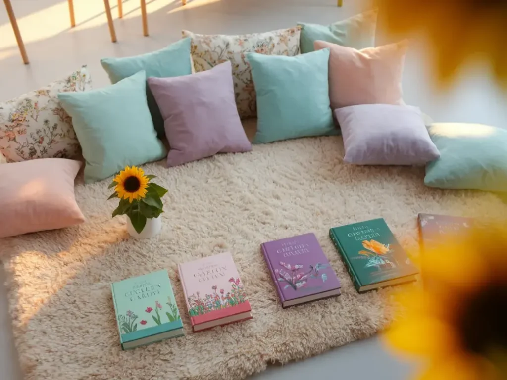 Spring classroom reading corner with pastel pillows