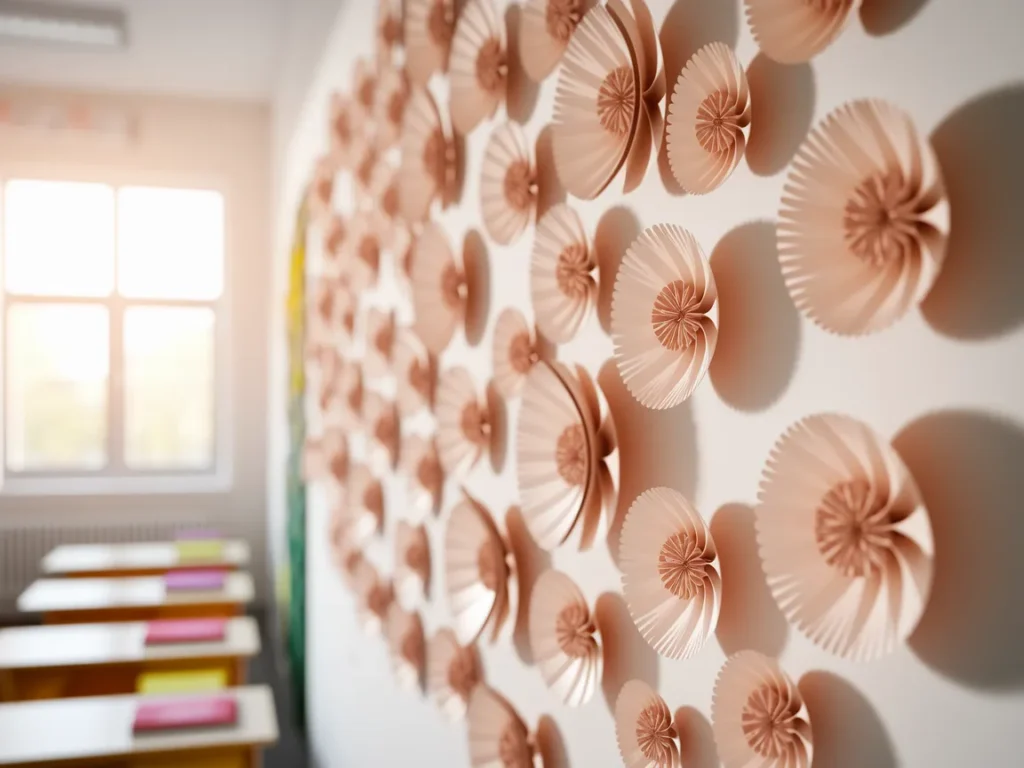 Spring classroom wall with paper flower display