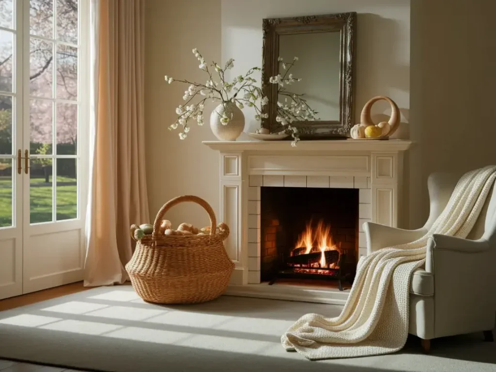 Spring fireplace setup with woven basket beside hearth