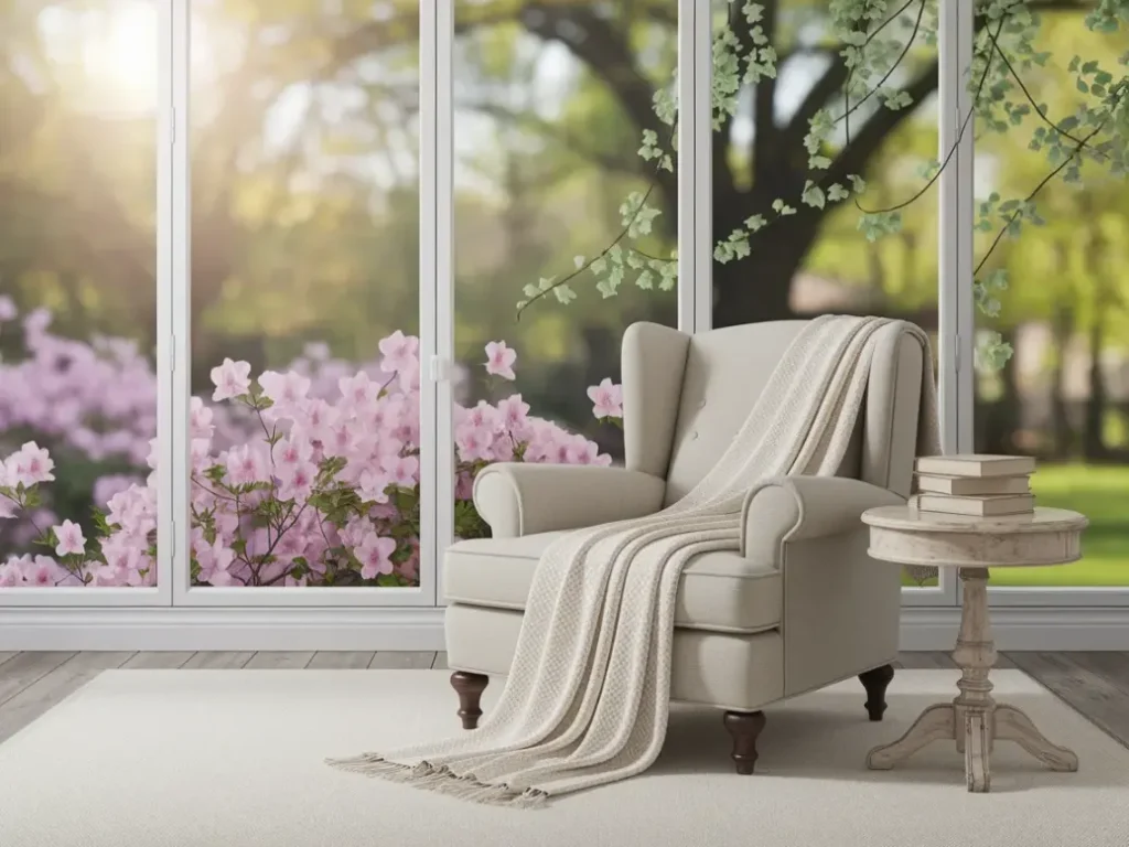 Spring living room reading corner with chair near window