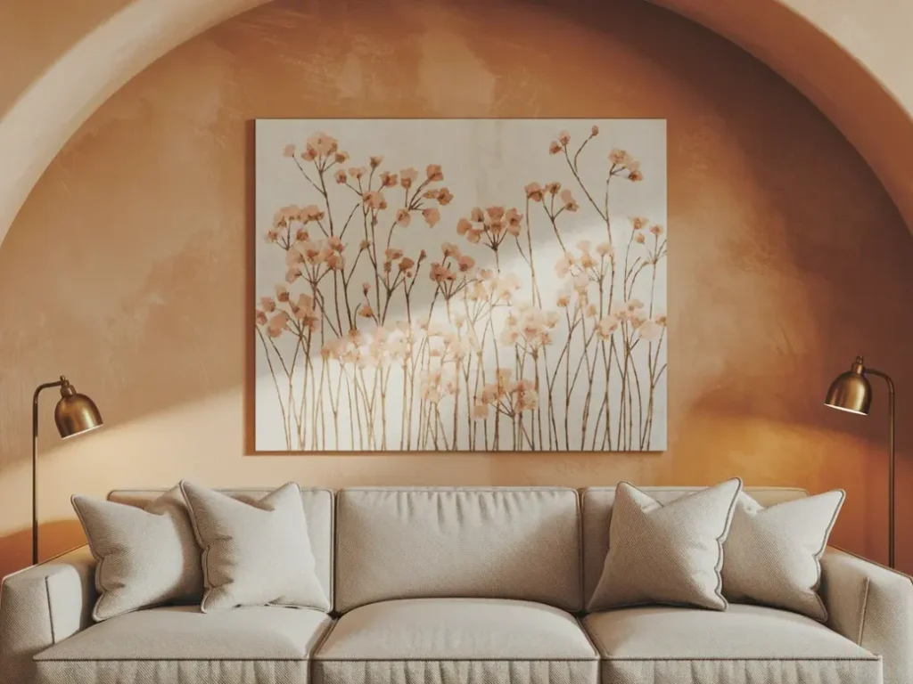 Spring living room wall art with soft floral print above sofa