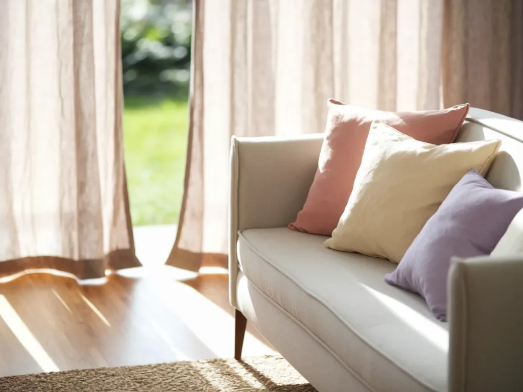 Spring living room with soft pastel pillow covers