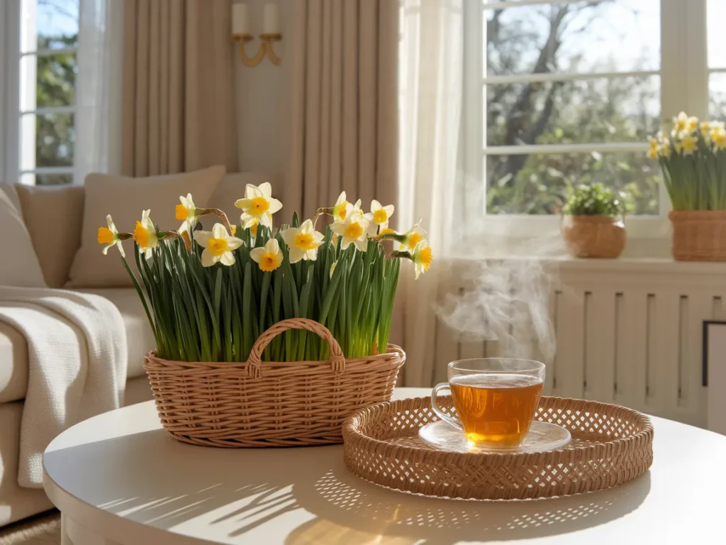 Spring living room with wicker basket and woven tray accents