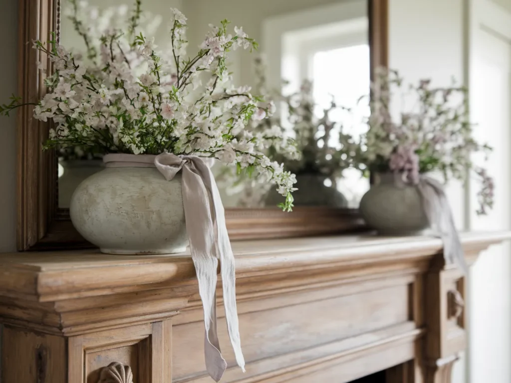 Spring mantel decor with soft linen ribbon