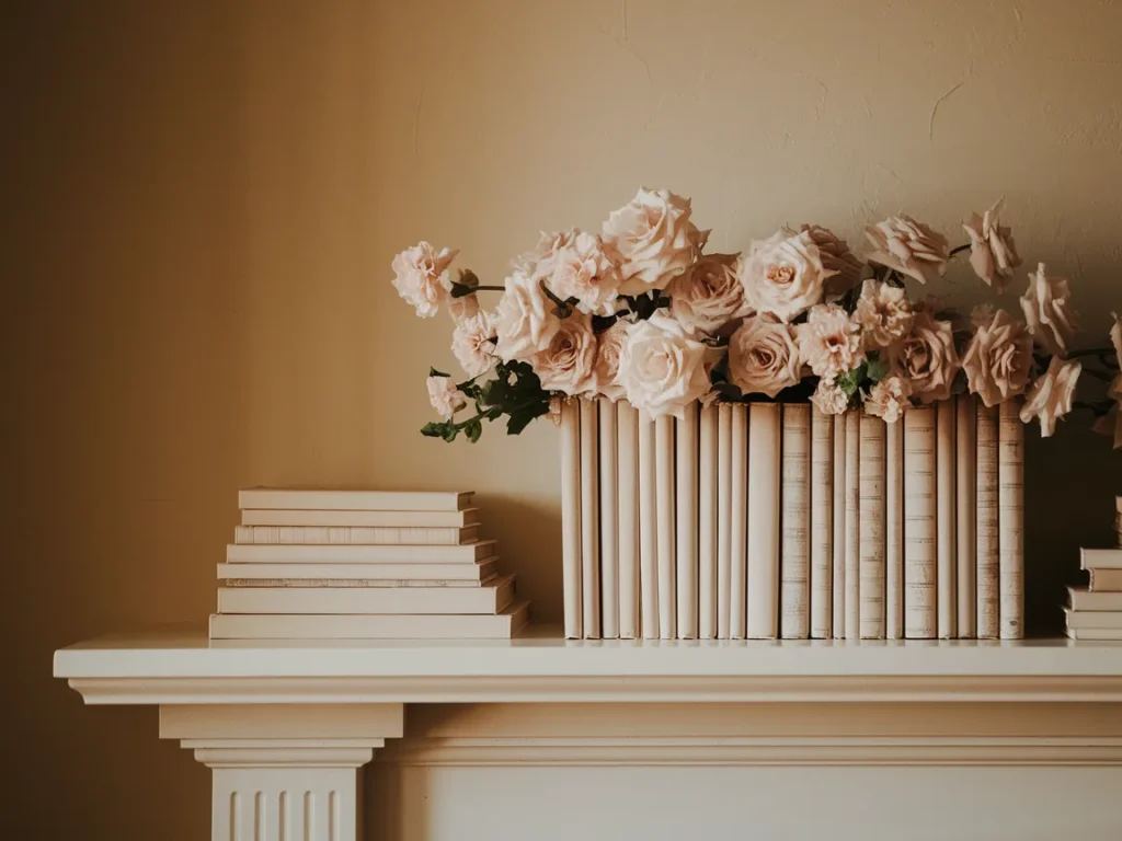 Spring mantel with stacked neutral books 