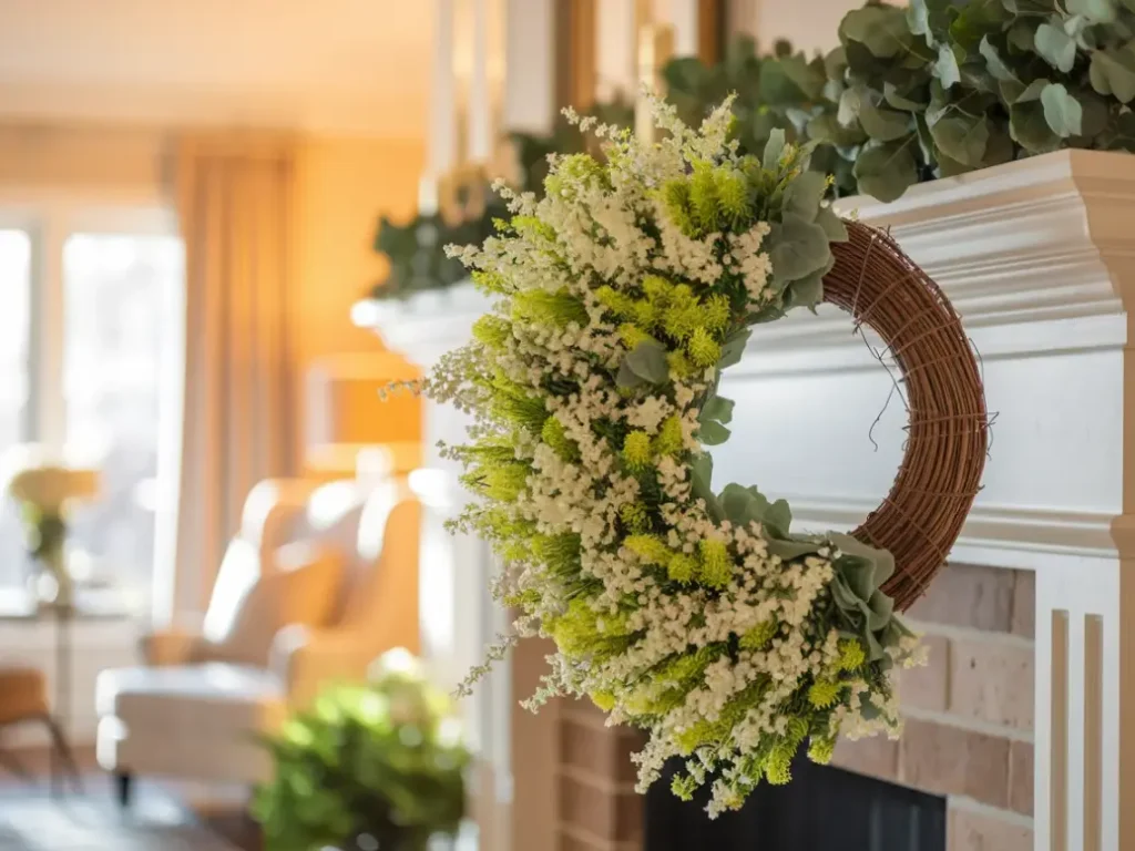 Spring wreath above fireplace mantel