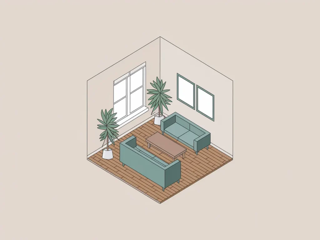  Square apartment living room drawing with centered seating