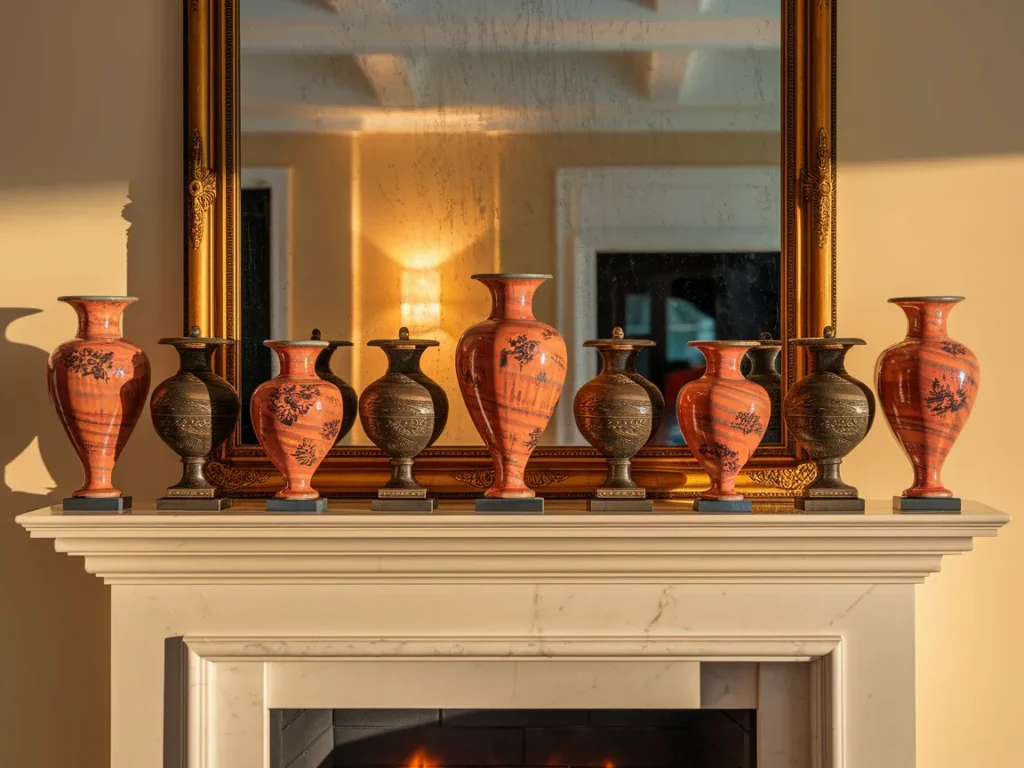  Symmetrical mantel decor with balanced objects
