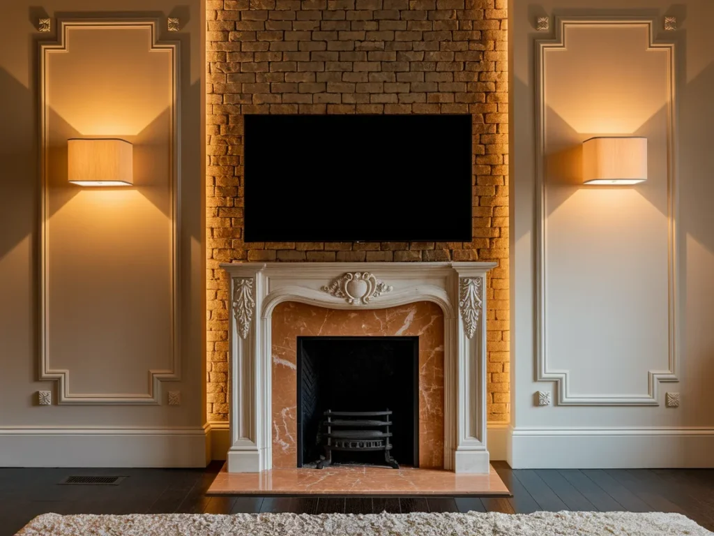 TV above fireplace mantel framed by matching wall