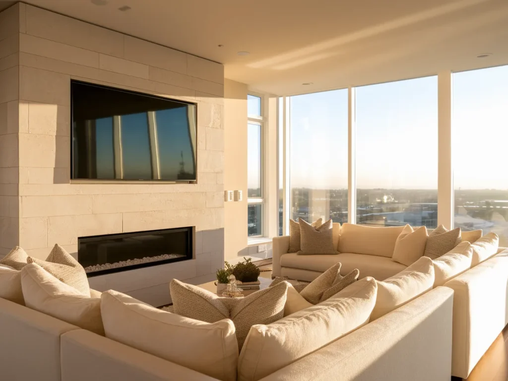 TV mounted above fireplace mantel