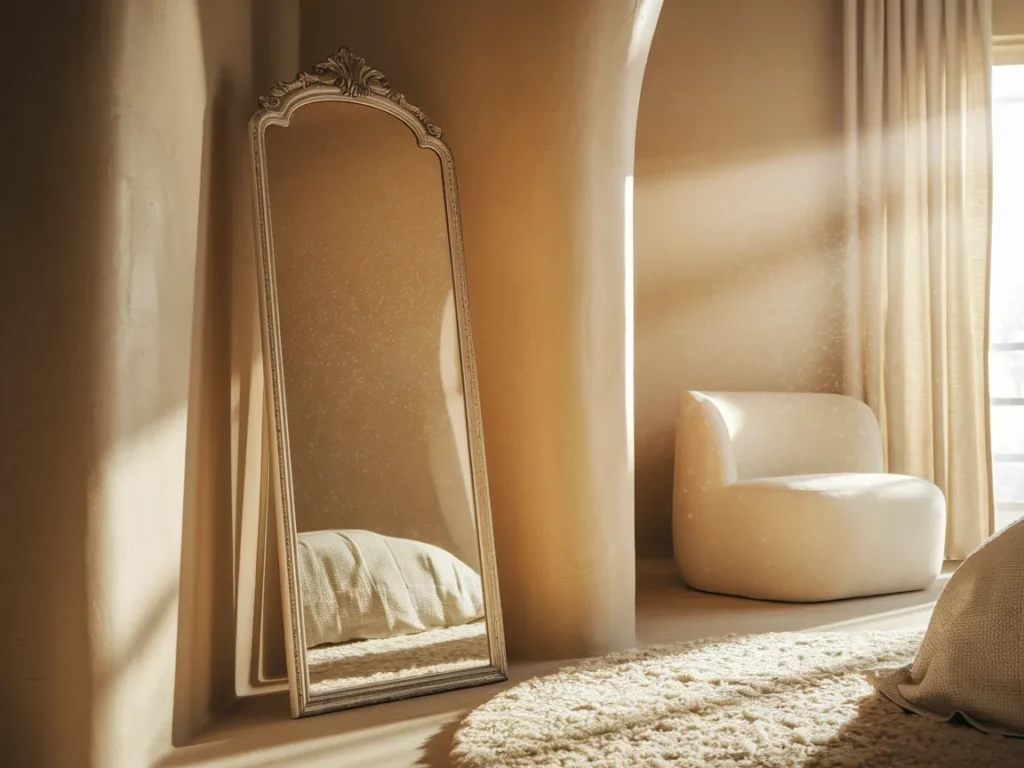 Tall leaning mirror against bedroom wall,