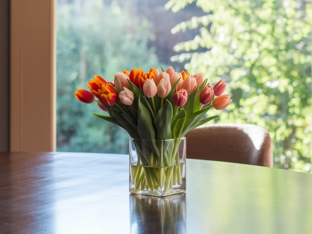 Tulips arranged in a short vase on table