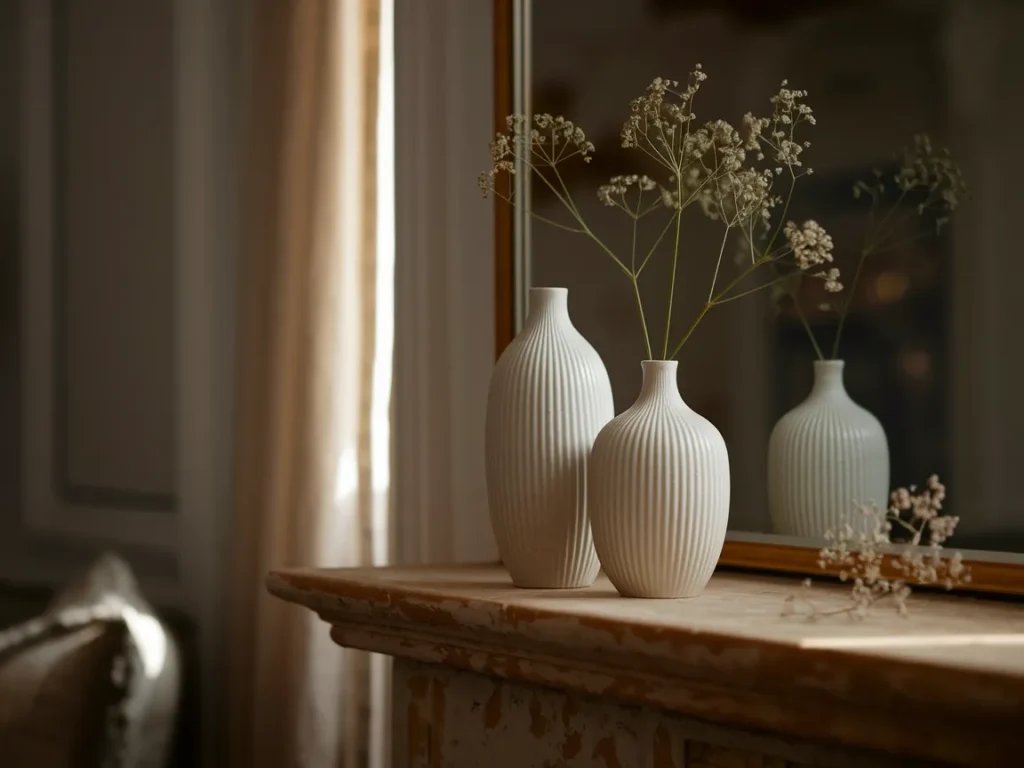 Two vases with different heights styled together on mantel