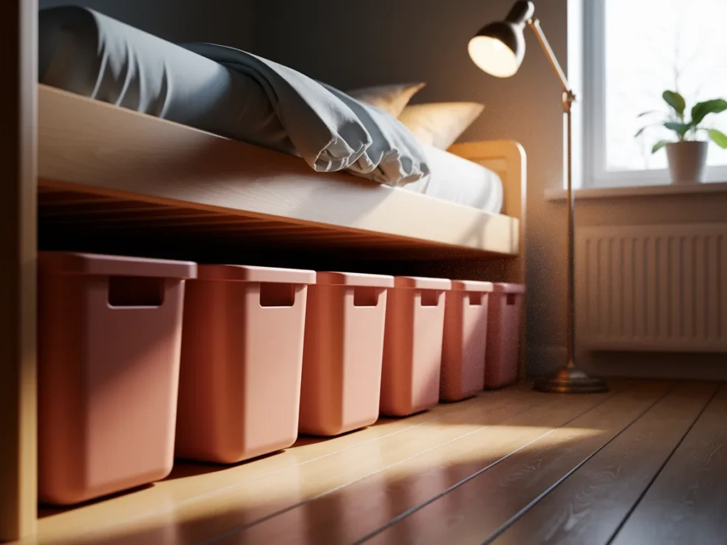 Under-bed storage bins neatly arranged beneath dorm bed