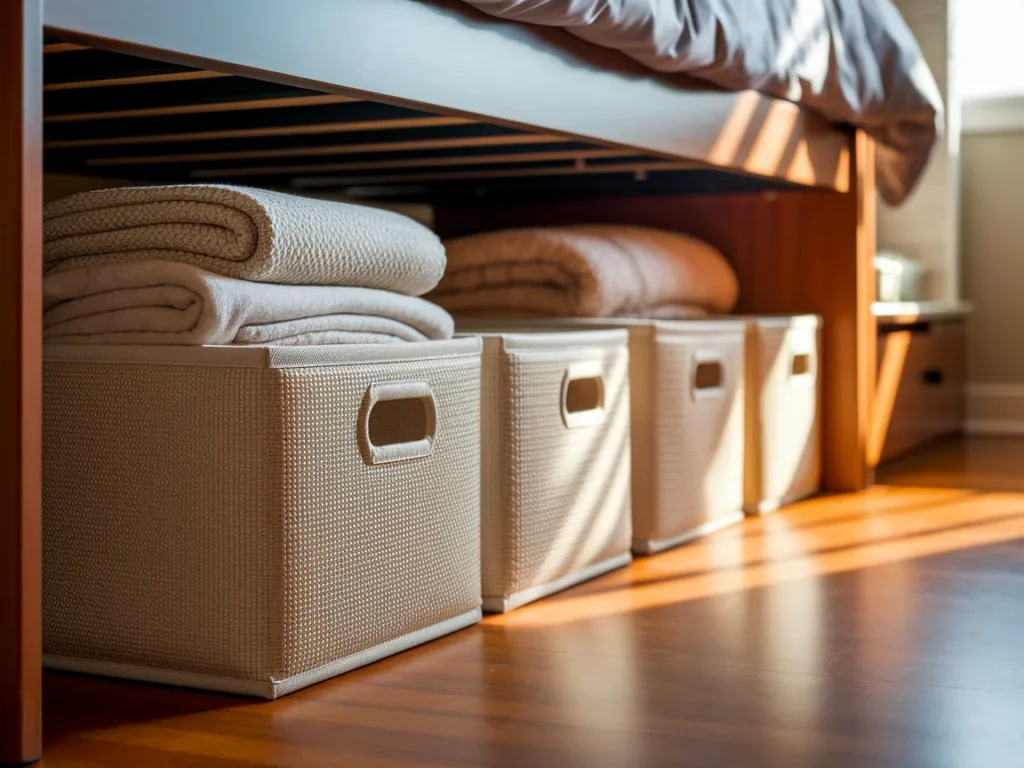 Under-bed storage bins neatly arranged under dorm bed