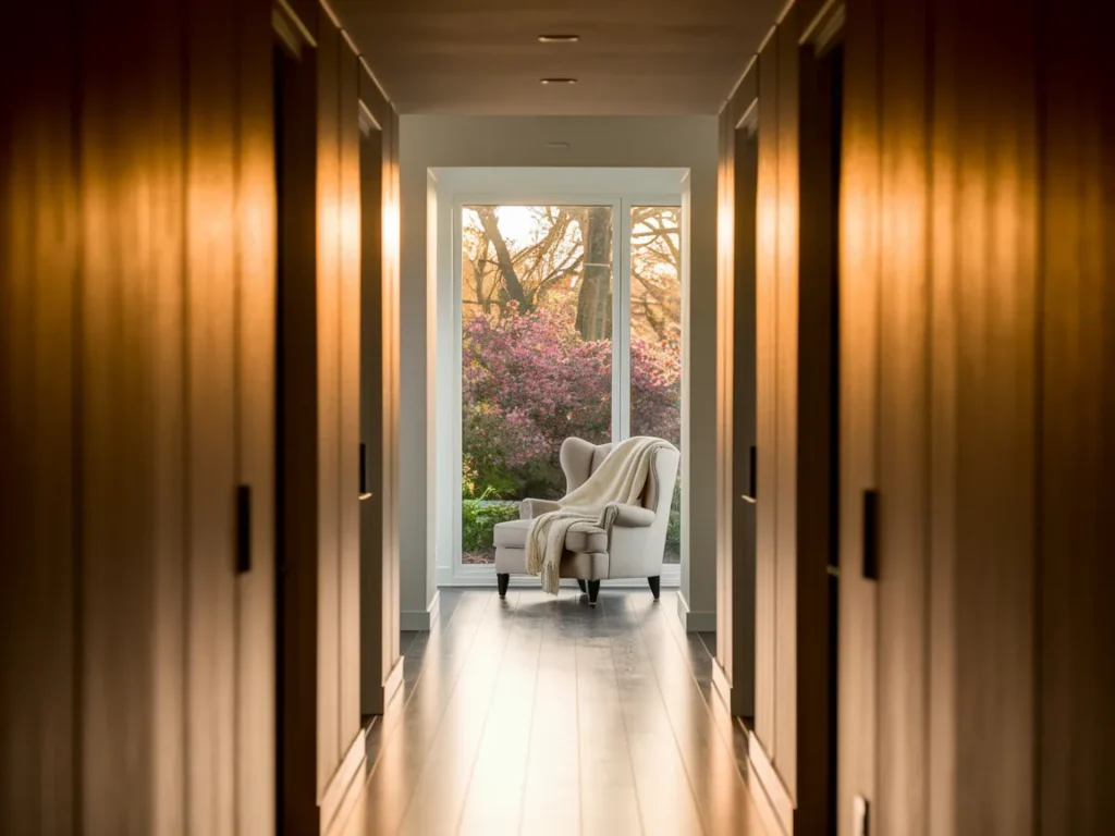 Upstairs hallway end with small reading nook