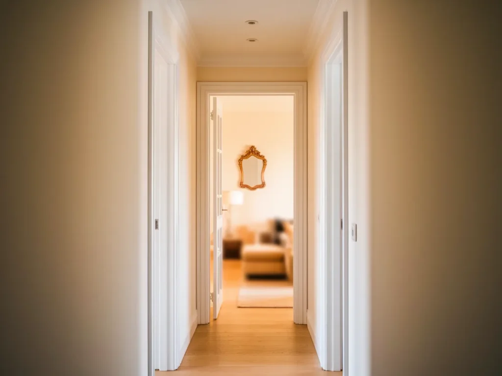 Upstairs hallway with bright neutral walls
