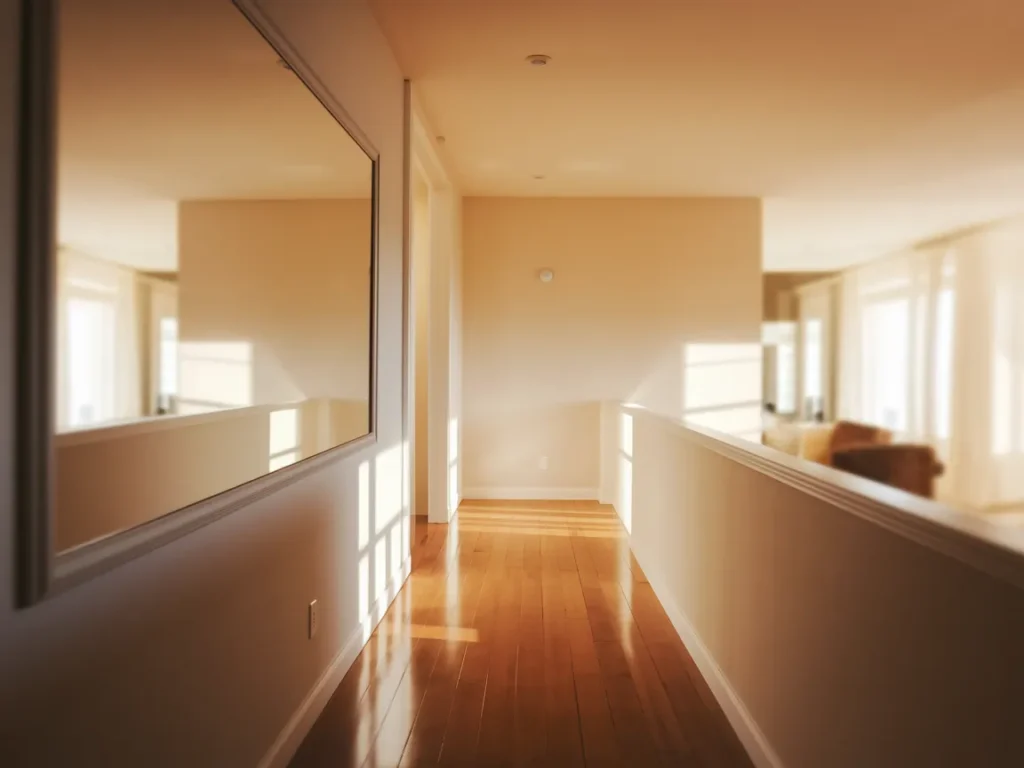Upstairs hallway with large wall mirror reflecting light