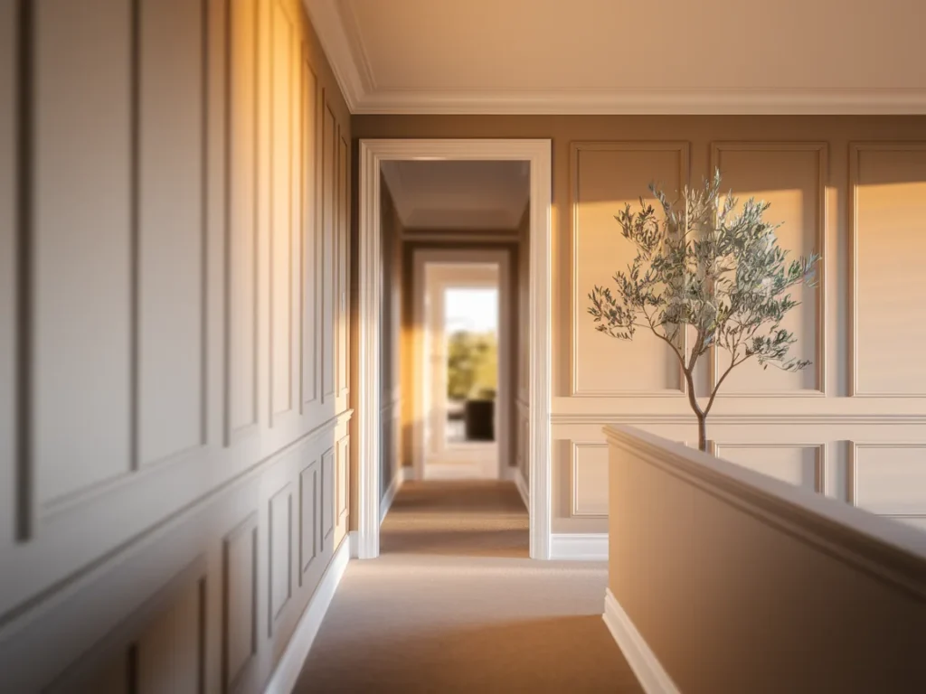 Upstairs hallway with simple wall paneling