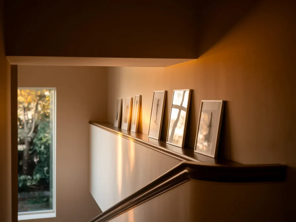 Upstairs hallway with wall-mounted art ledge