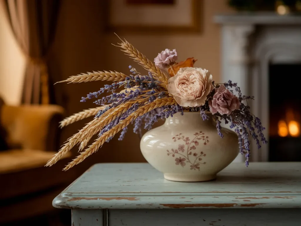 Vintage ceramic vase with dried flowers on wooden table
