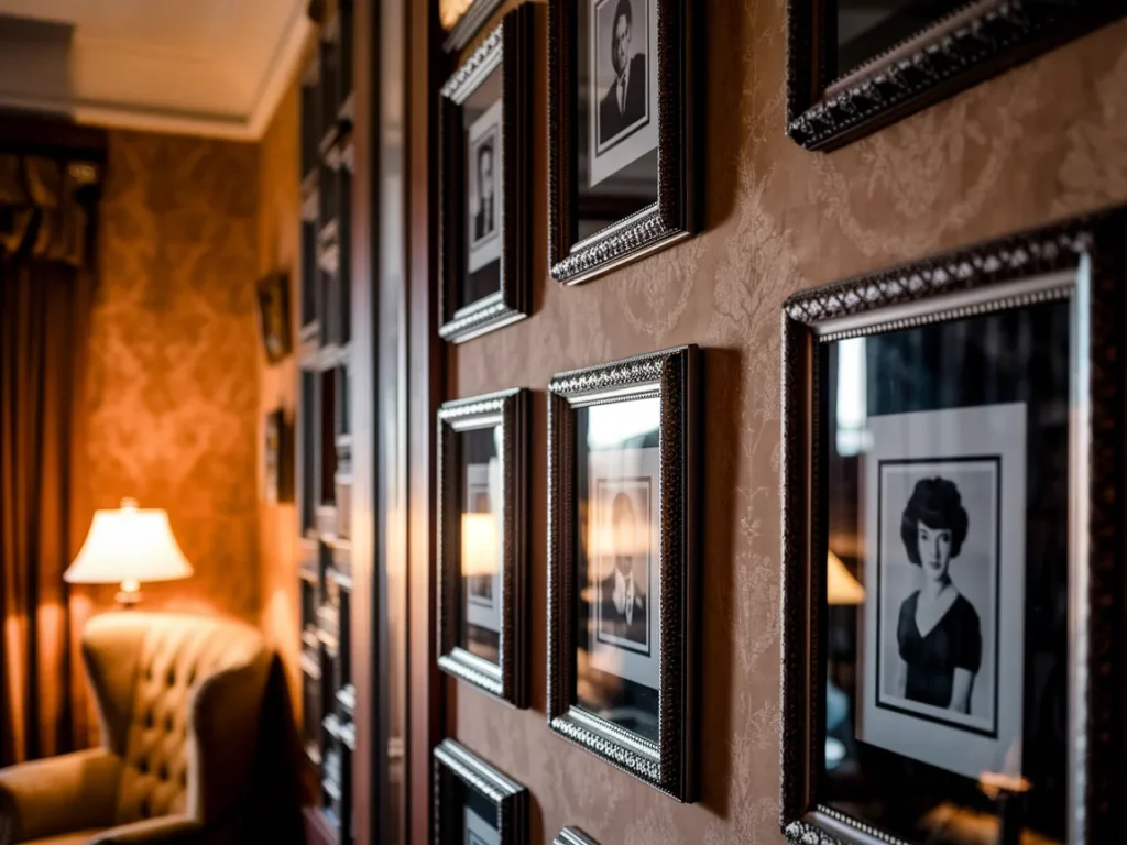 Vintage gallery wall with black-and-white photos 