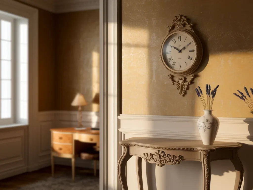Vintage wall clock above console table