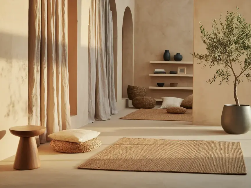 Warm neutral room with balanced wood decor accents