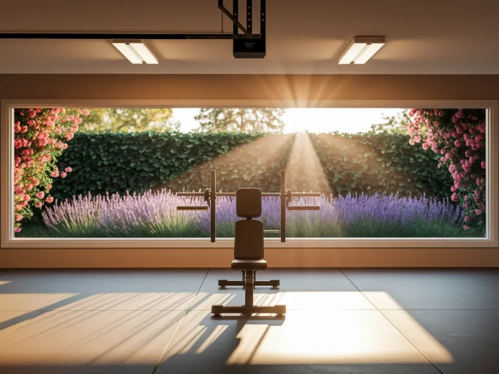  Well-lit garage home gym with bright ceiling lights