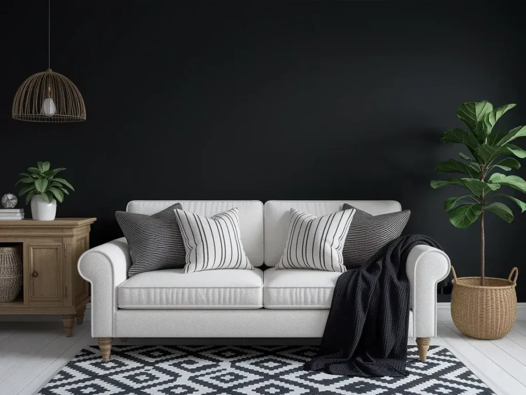 White sofa with textured black and white pillows