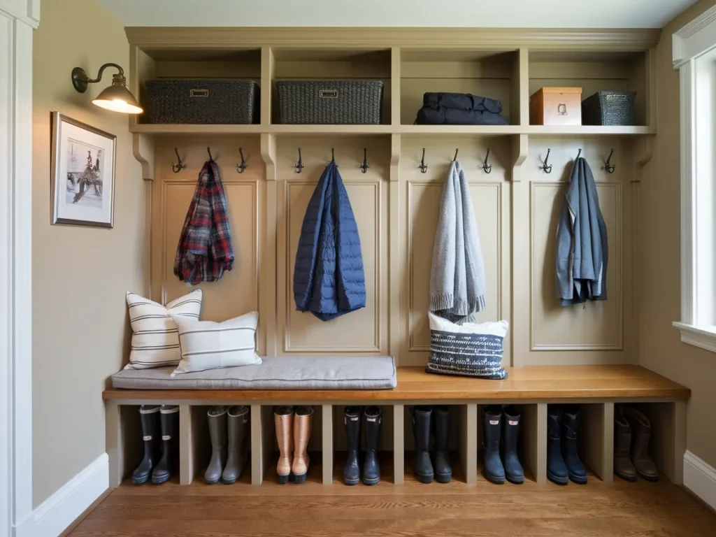 Winter mudroom bench with storage drawers