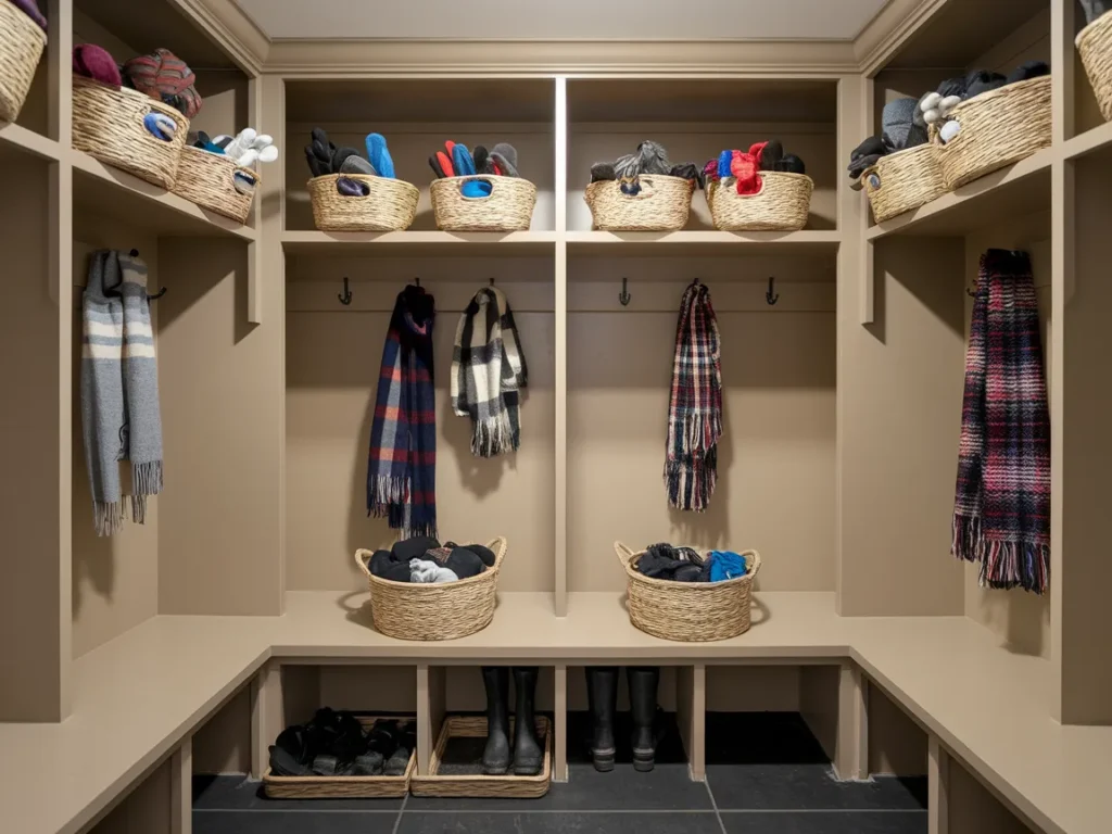 Winter mudroom open shelves with baskets