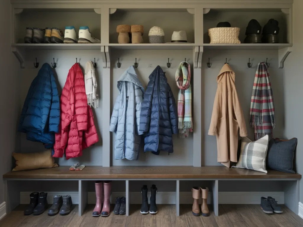 Winter mudroom wall with mounted coat hooks