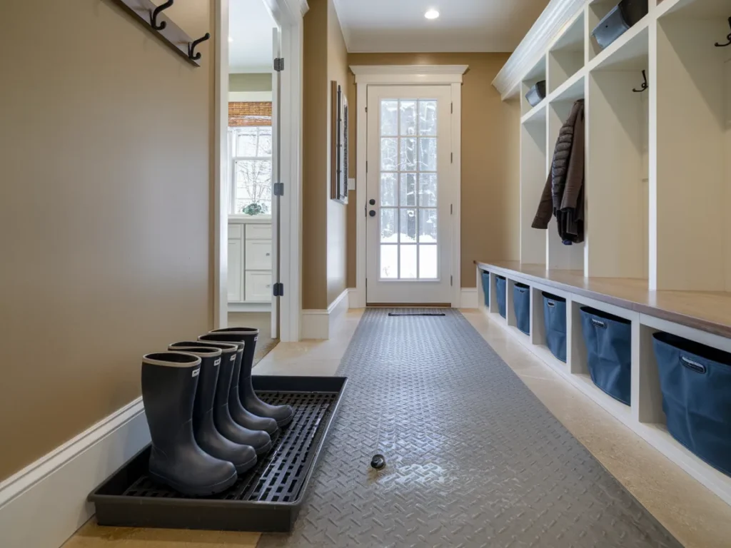 Winter mudroom with boot tray drainage