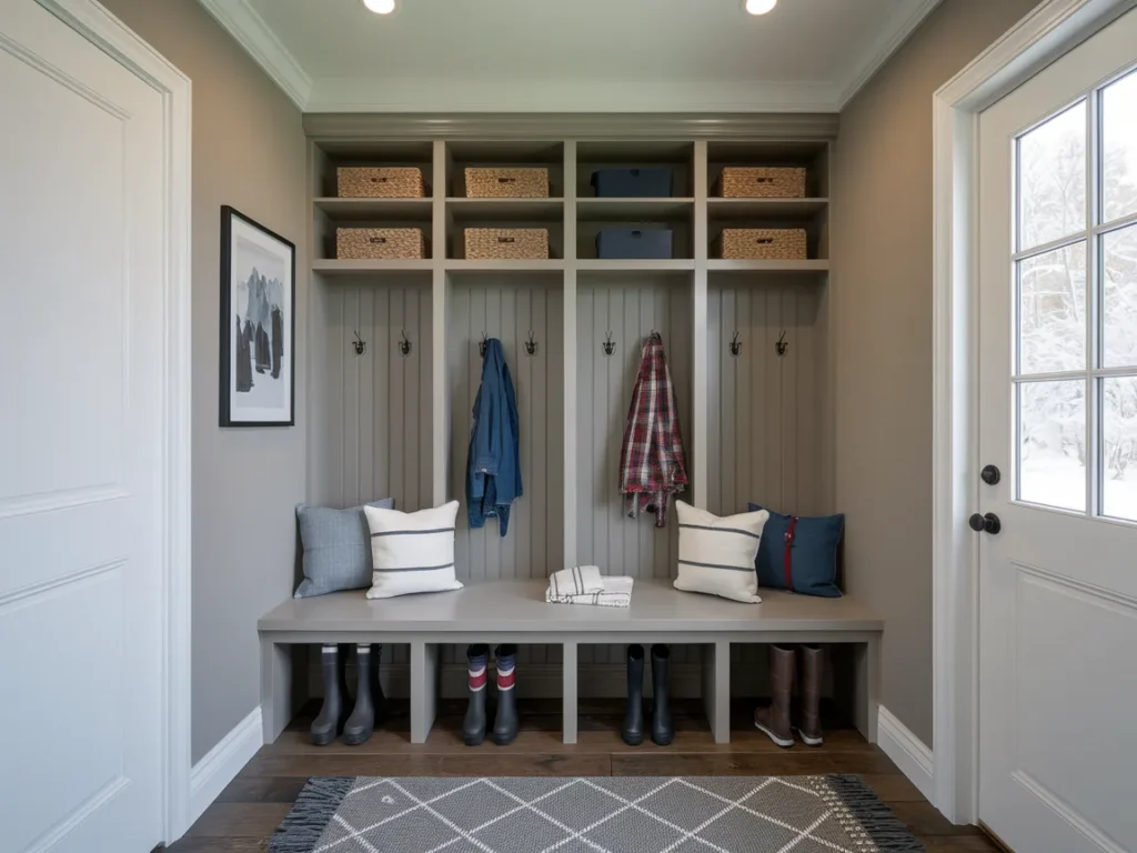 Winter mudroom with built-in bench seating