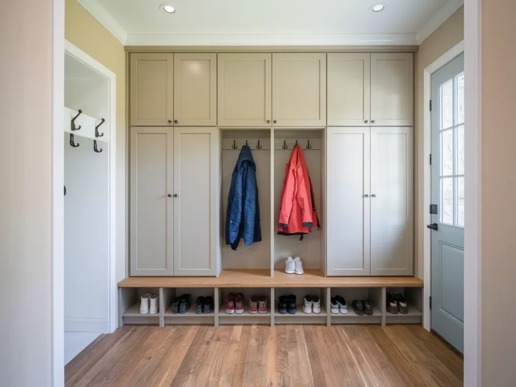 Winter mudroom with closed cabinets 