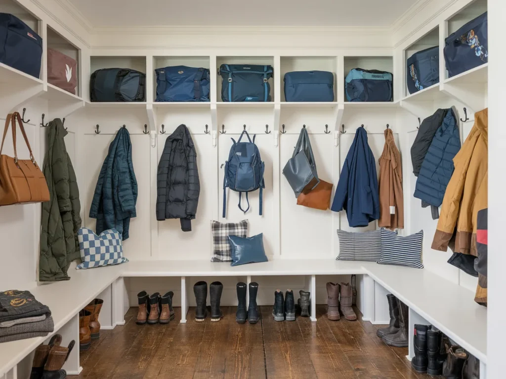 Winter mudroom with dedicated bag and backpack hooks