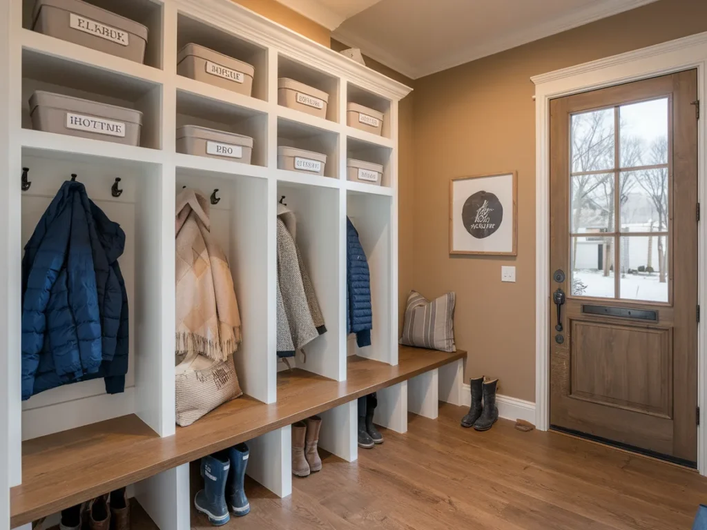 Winter mudroom with individual labeled cubbies