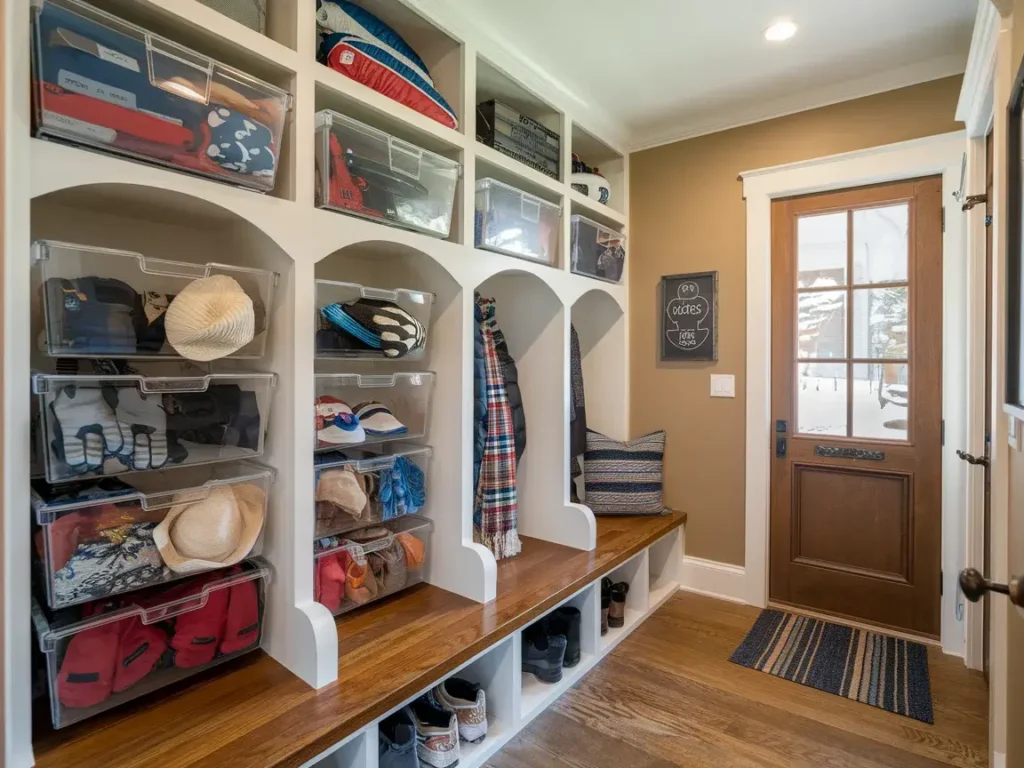Winter mudroom with overhead storage cabinets 