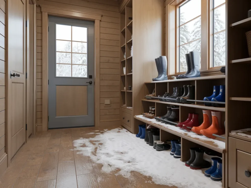 Winter mudroom with raised shoe rack holding boots