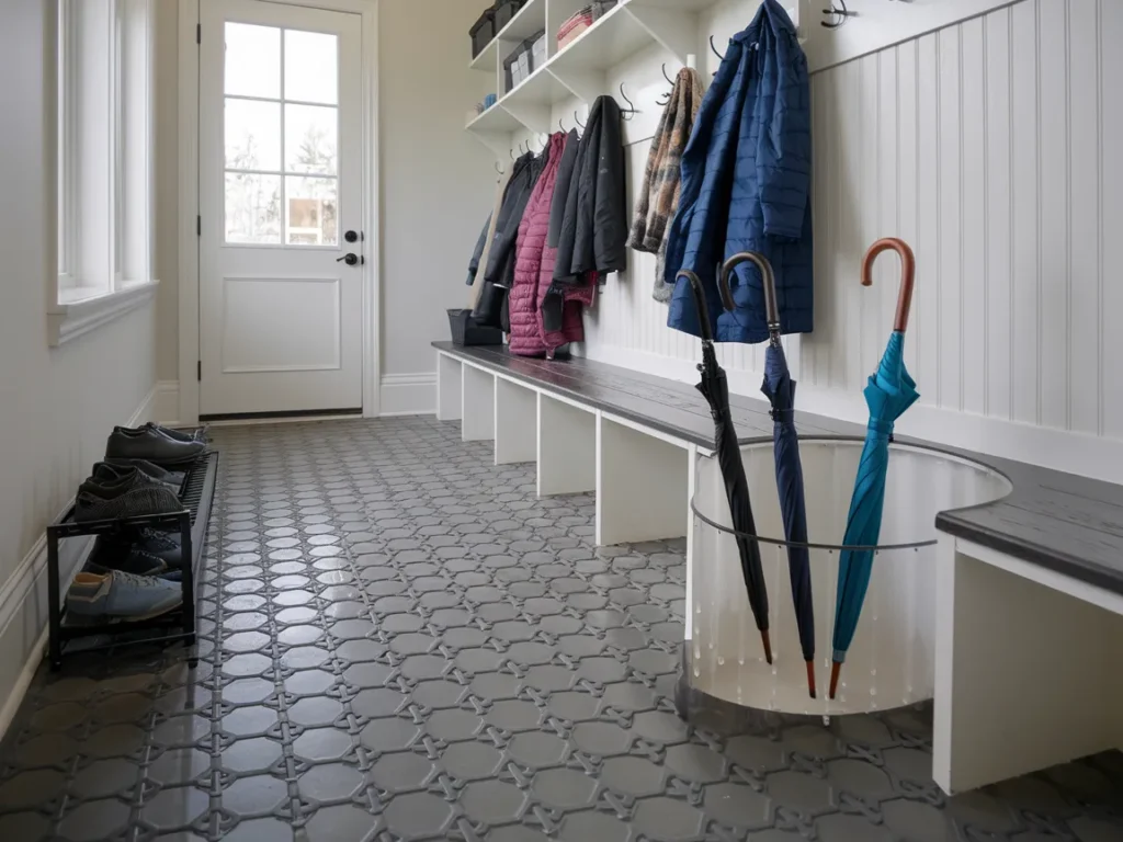 Winter mudroom with umbrella drip station holding wet umbrellas