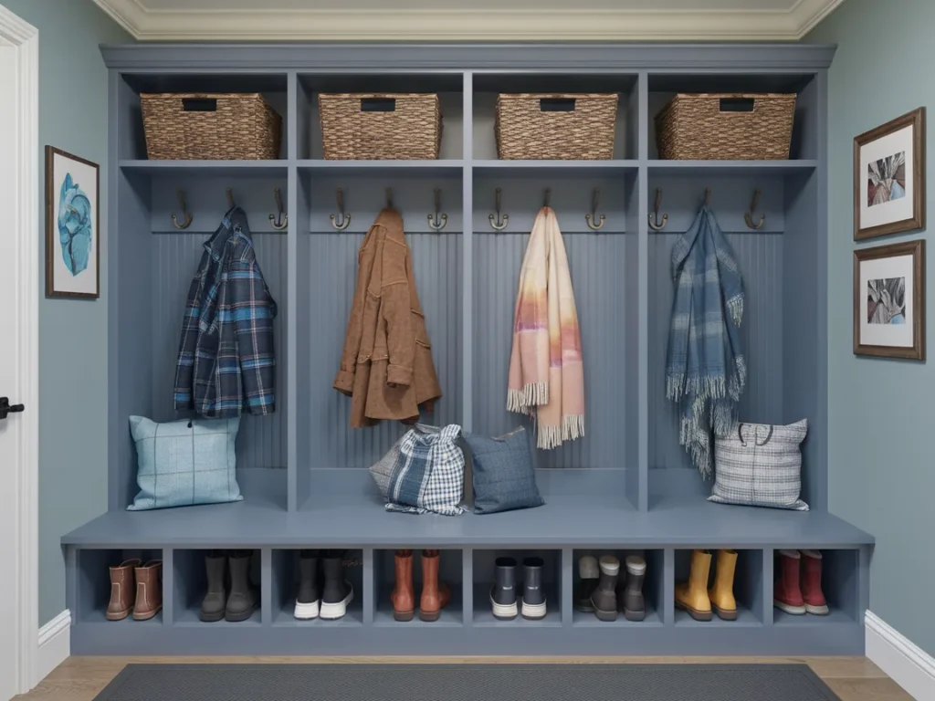 Winter mudroom with vertical locker-style